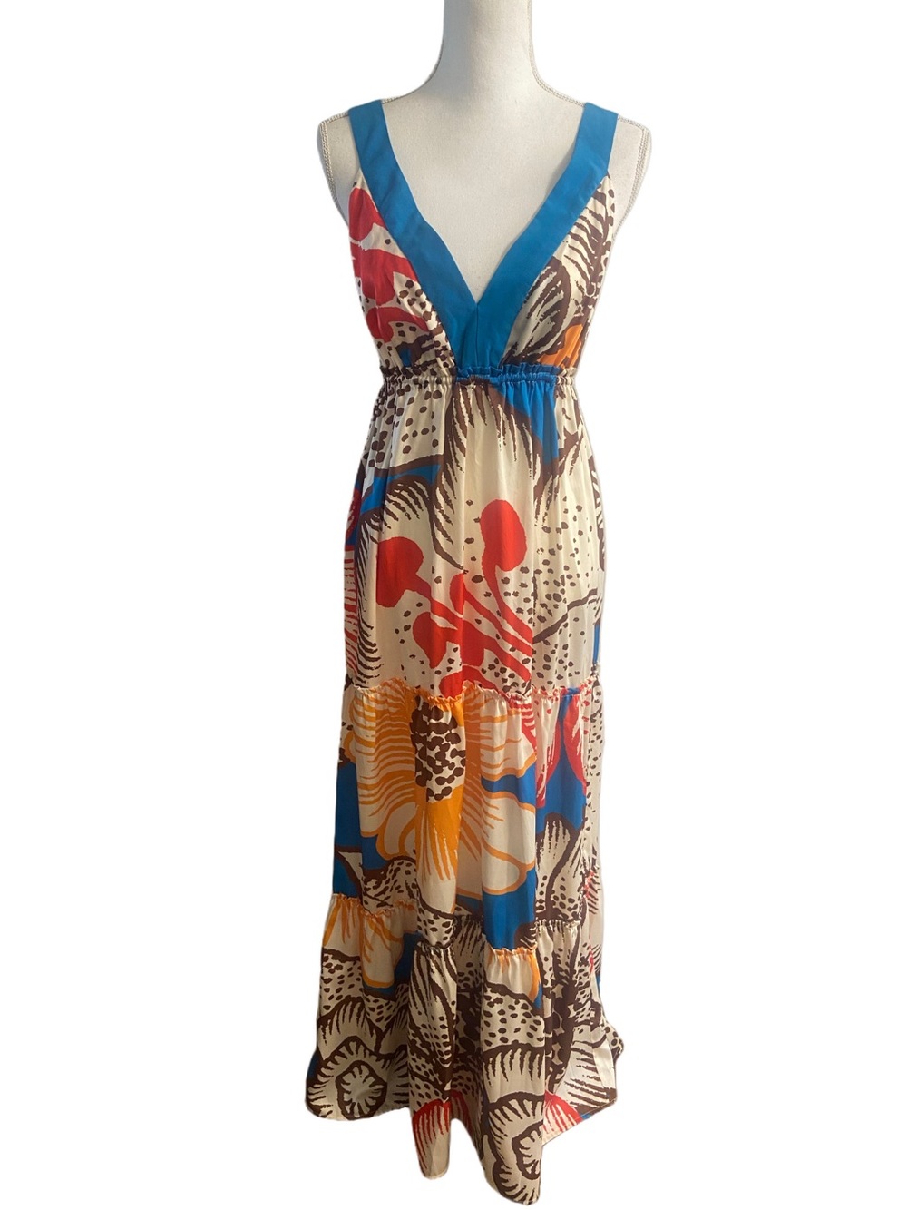 Le Superbe Anthropologie Vivid Floral V-Neck Maxi Dress in Blue and Cream S New